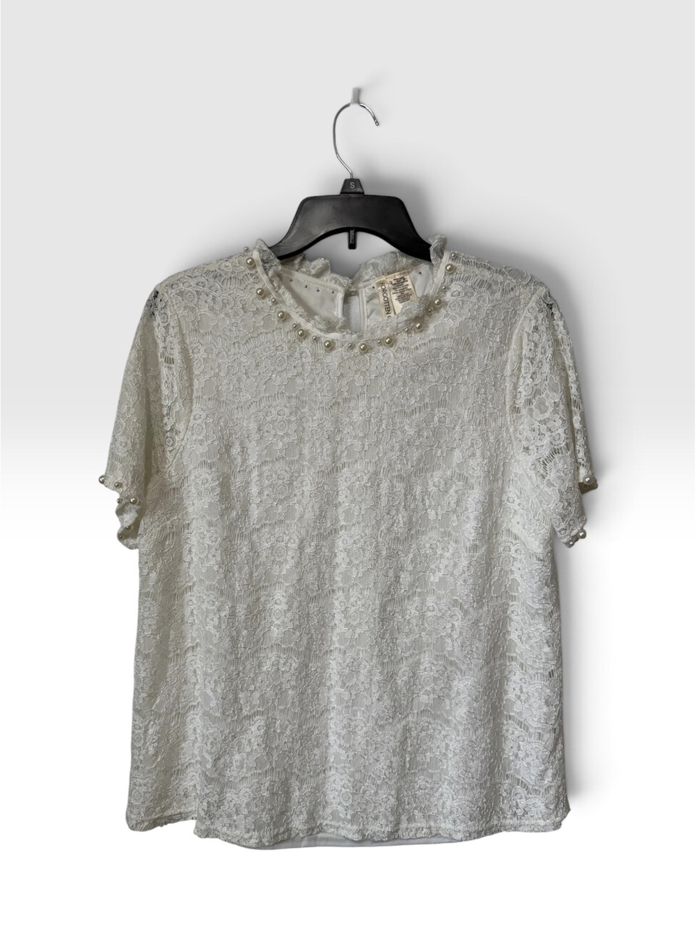 Forgotten Grace White Lace Cottagecore  Blouse with Pearl Details Size Large